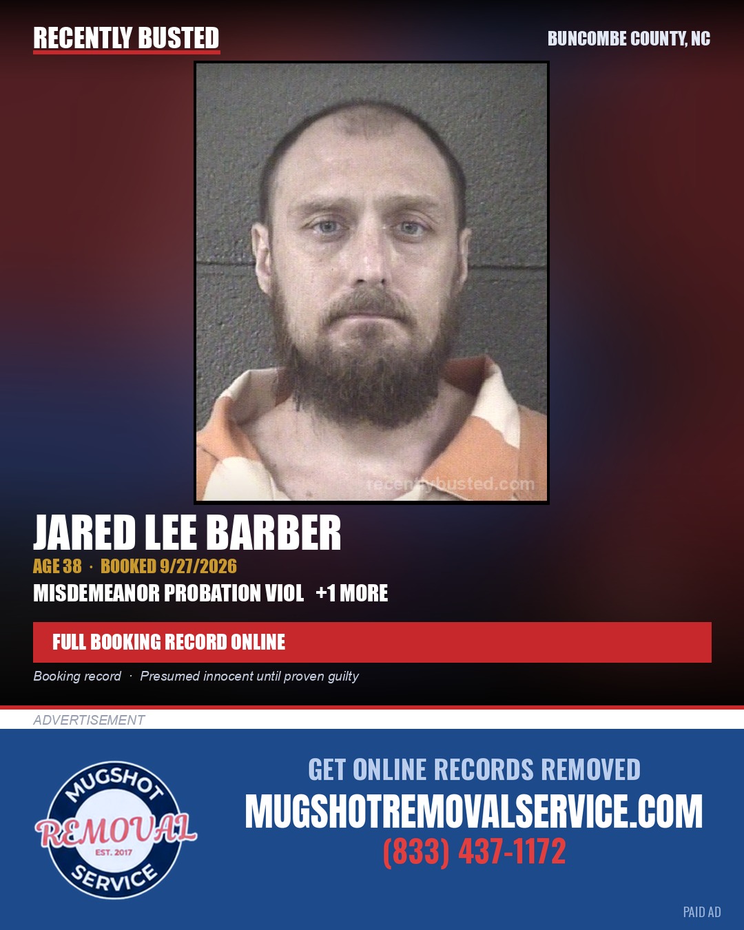 JARED LEE BARBER — arrest record card, Buncombe County, North Carolina
