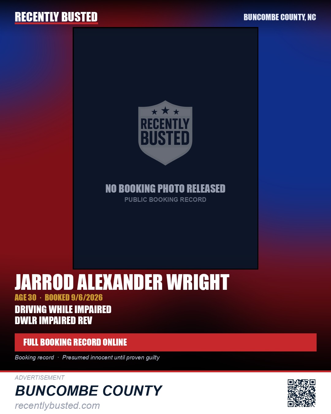 JARROD ALEXANDER WRIGHT — arrest record card, Buncombe County, North Carolina