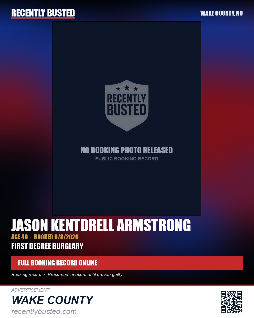 JASON KENTDRELL ARMSTRONG — arrest record card, Wake County, North Carolina