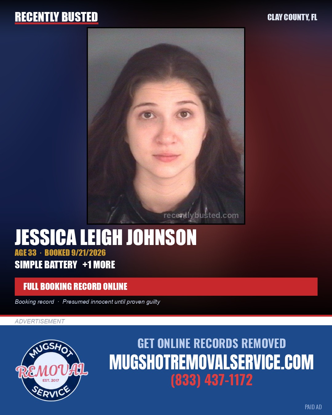 JESSICA LEIGH JOHNSON — arrest record card, Clay County, Florida