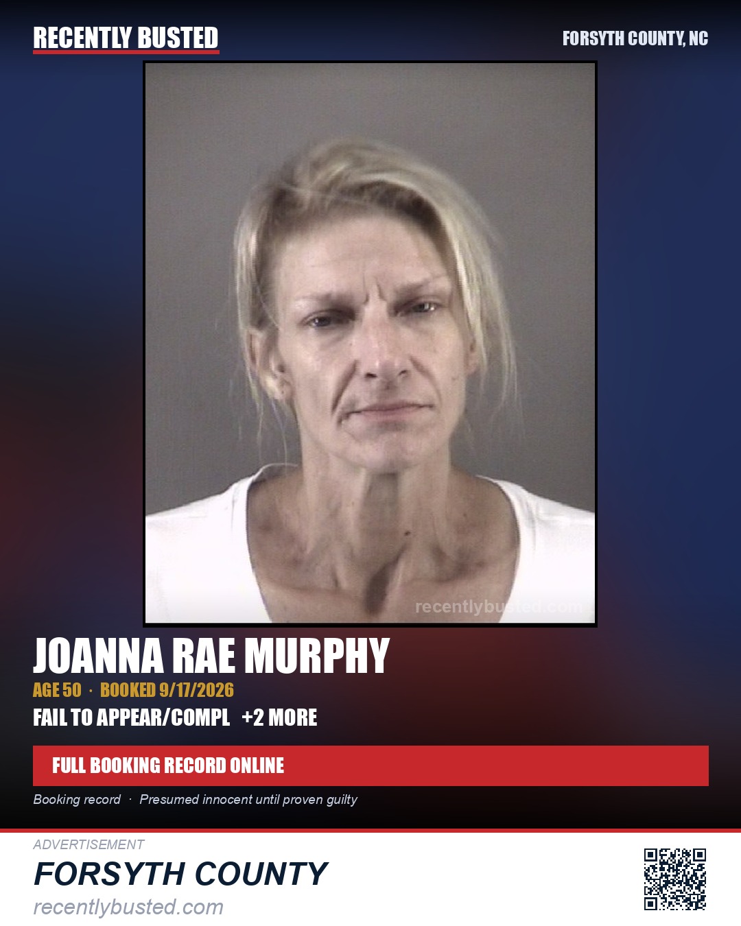 JOANNA RAE MURPHY — arrest record card, Forsyth County, North Carolina