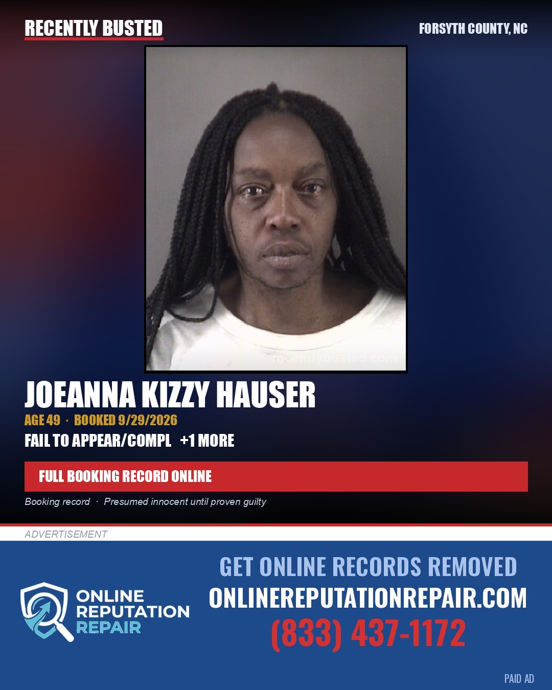 JOEANNA KIZZY HAUSER — arrest record card, Forsyth County, North Carolina