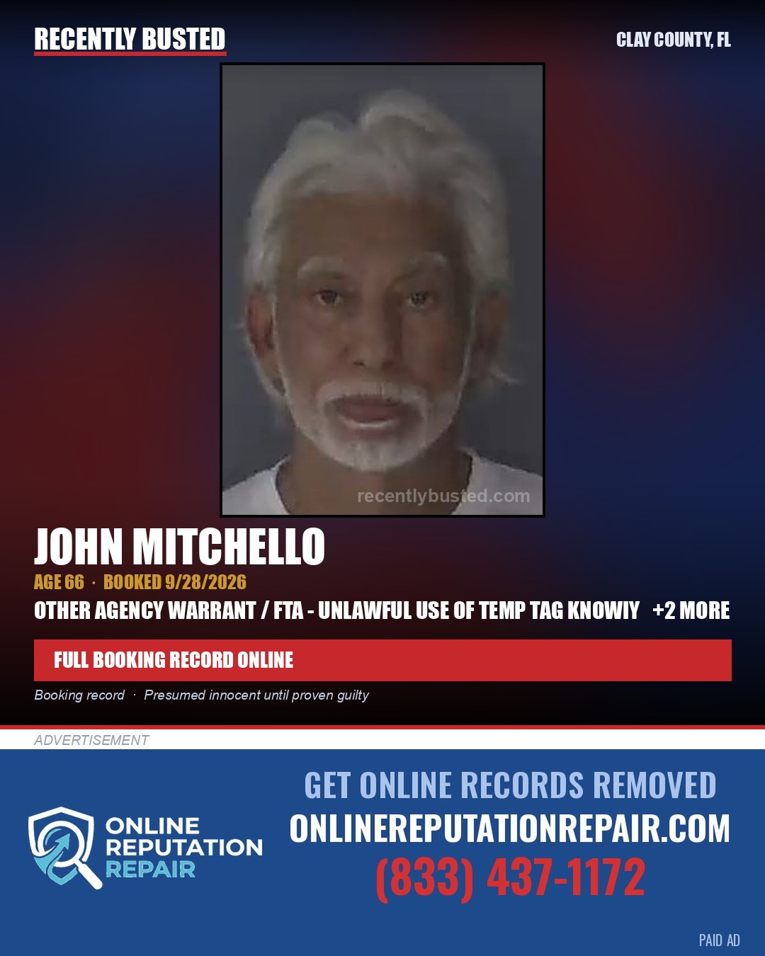 JOHN MITCHELLO — arrest record card, Clay County, Florida