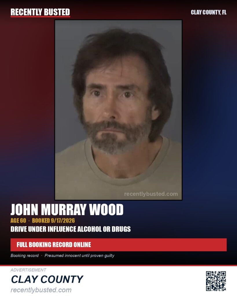 JOHN MURRAY WOOD — arrest record card, Clay County, Florida