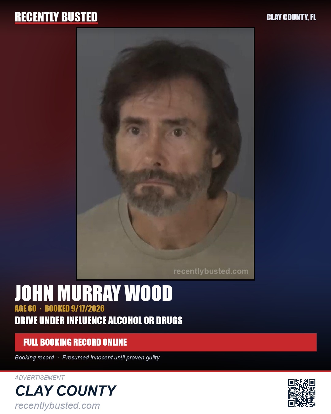 JOHN MURRAY WOOD — arrest record card, Clay County, Florida