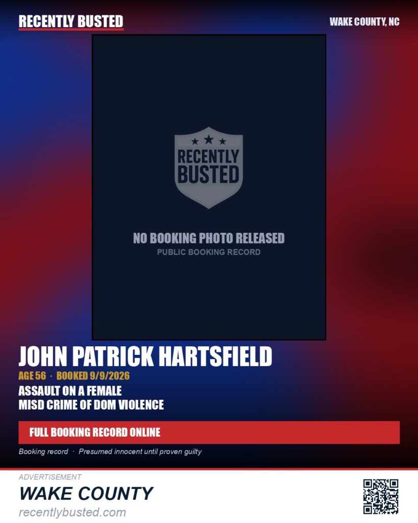 JOHN PATRICK HARTSFIELD — arrest record card, Wake County, North Carolina