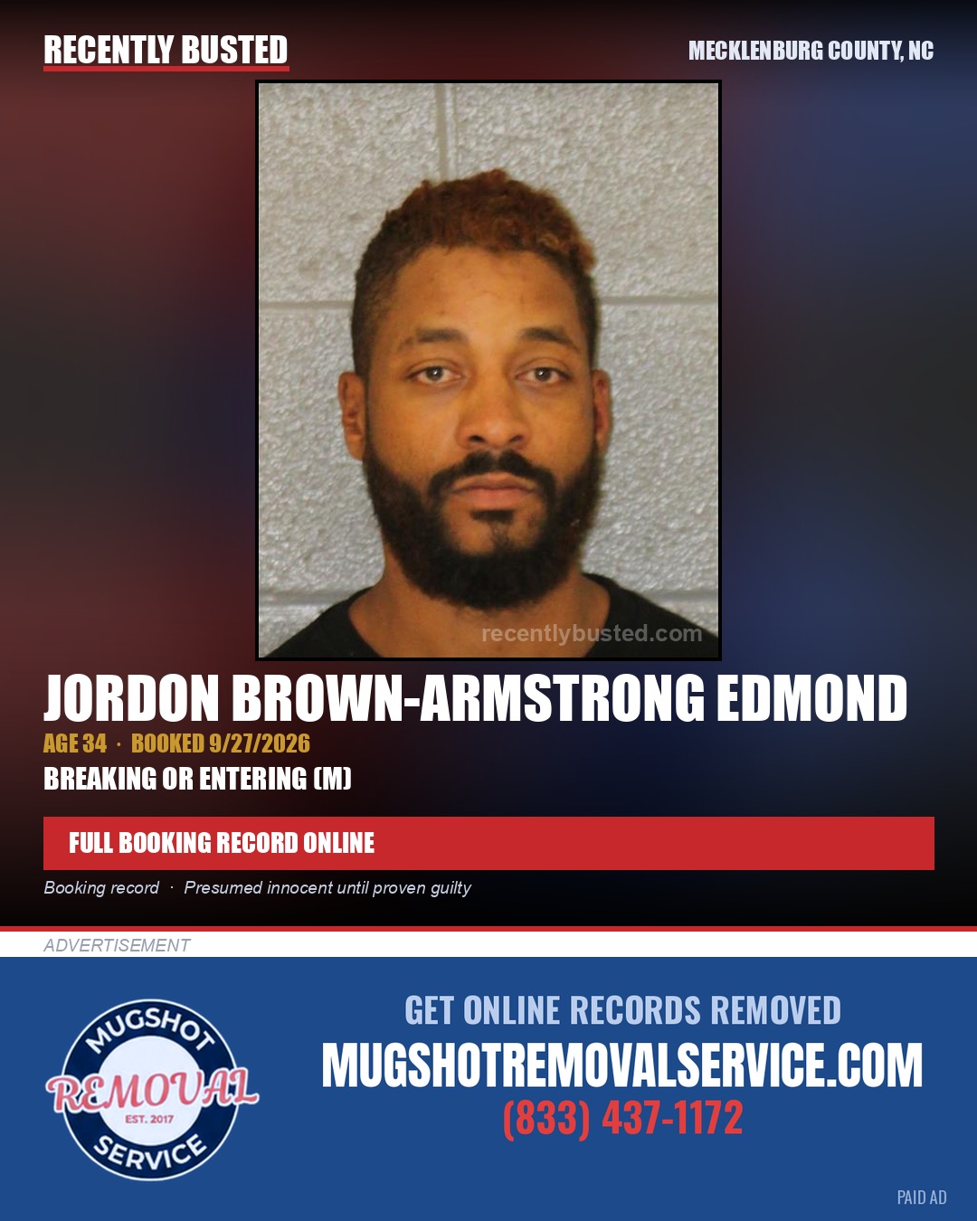 JORDON BROWN-ARMSTRONG EDMOND — arrest record card, Mecklenburg County, North Carolina
