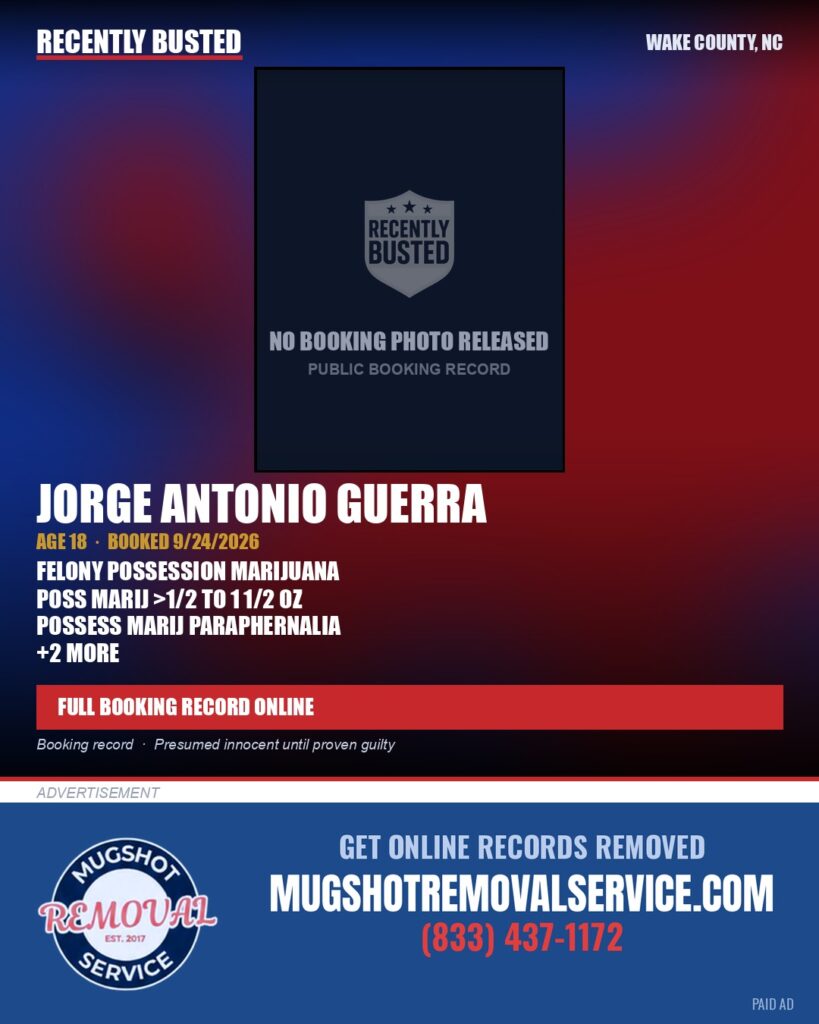 JORGE ANTONIO GUERRA — arrest record card, Wake County, North Carolina