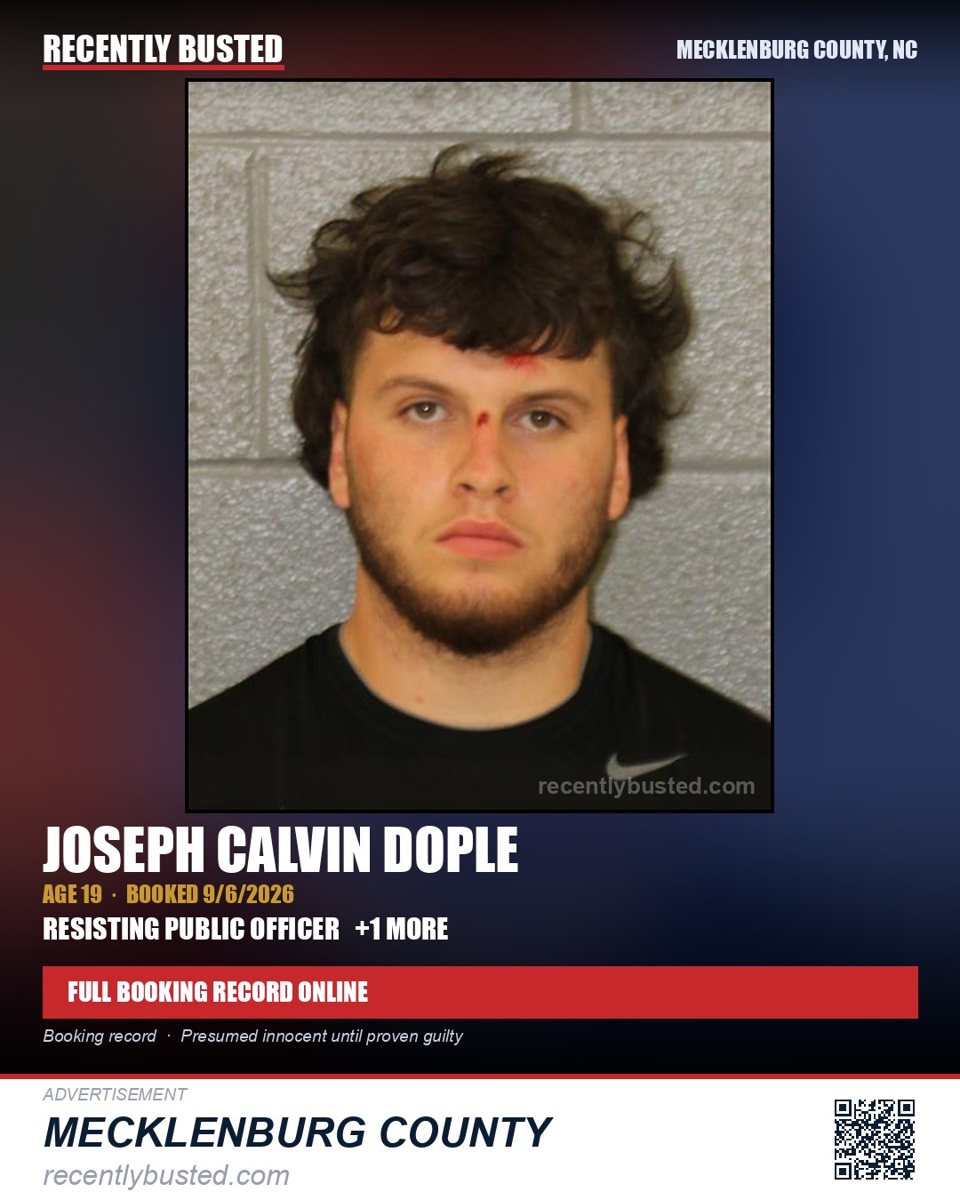 JOSEPH CALVIN DOPLE — arrest record card, Mecklenburg County, North Carolina