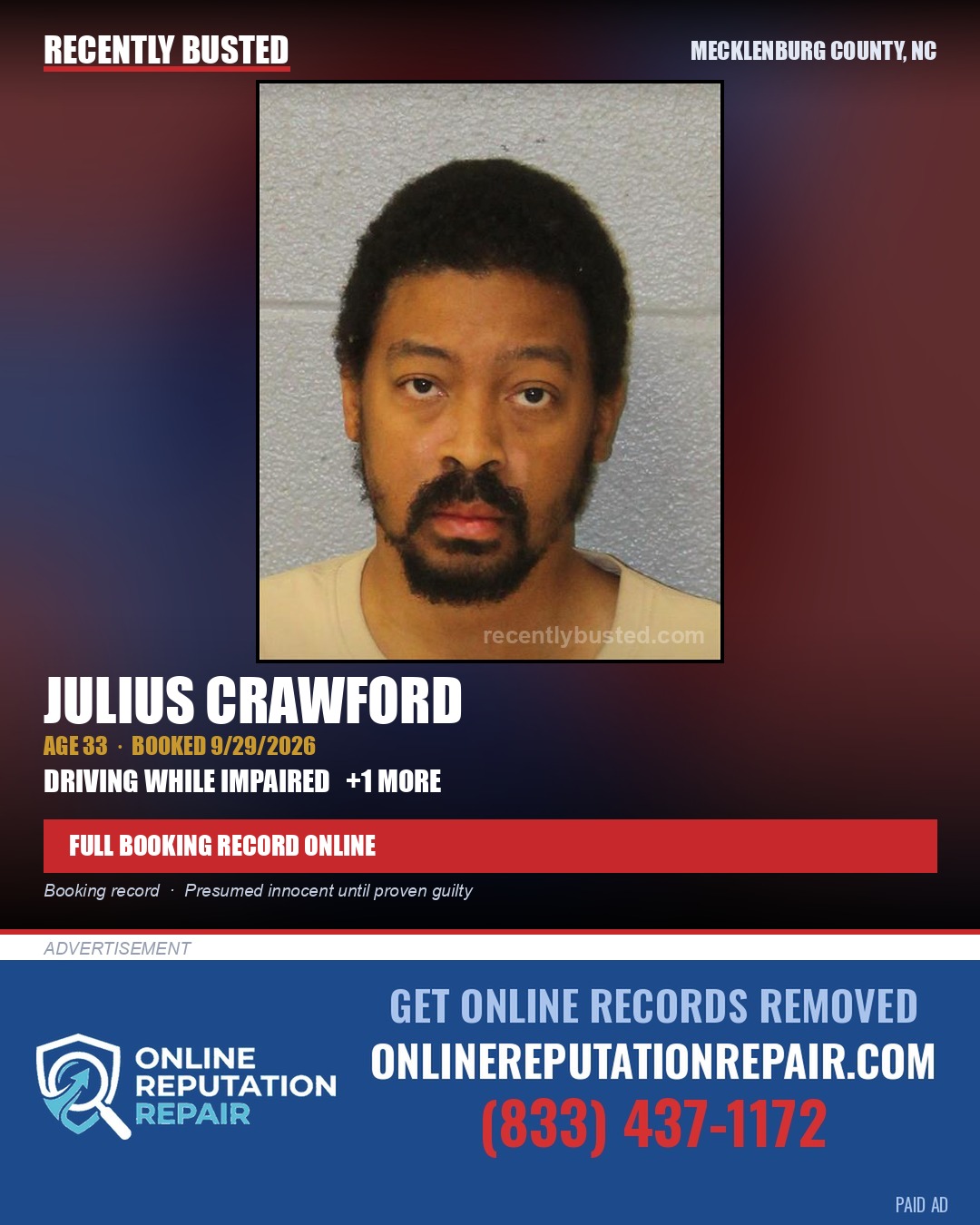 JULIUS CRAWFORD — arrest record card, Mecklenburg County, North Carolina