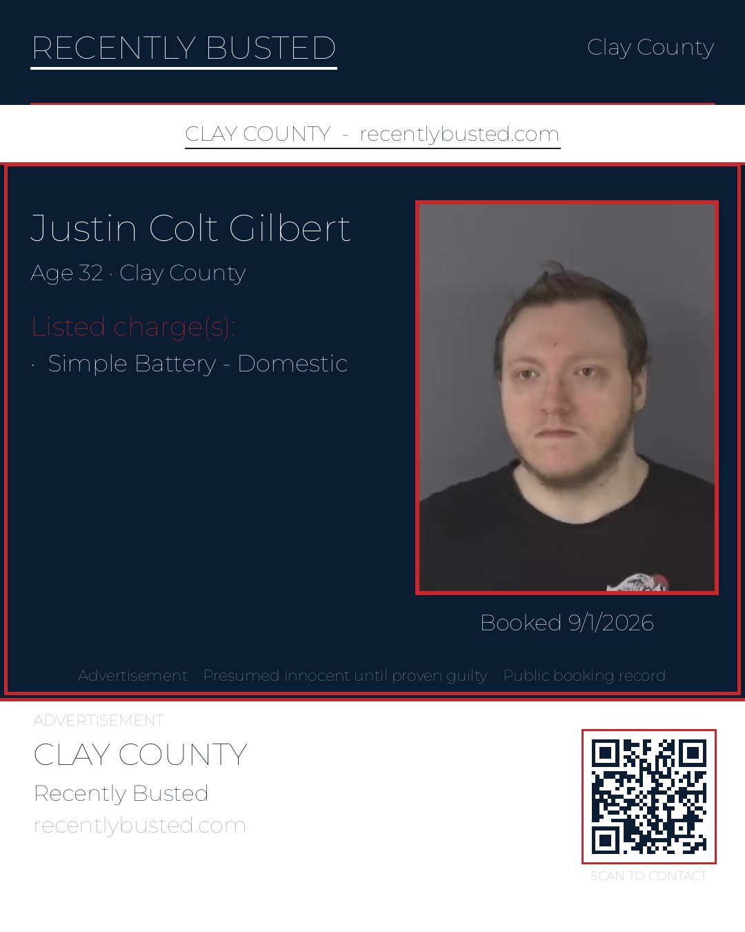 JUSTIN COLT GILBERT — arrest record card, Clay County, Florida