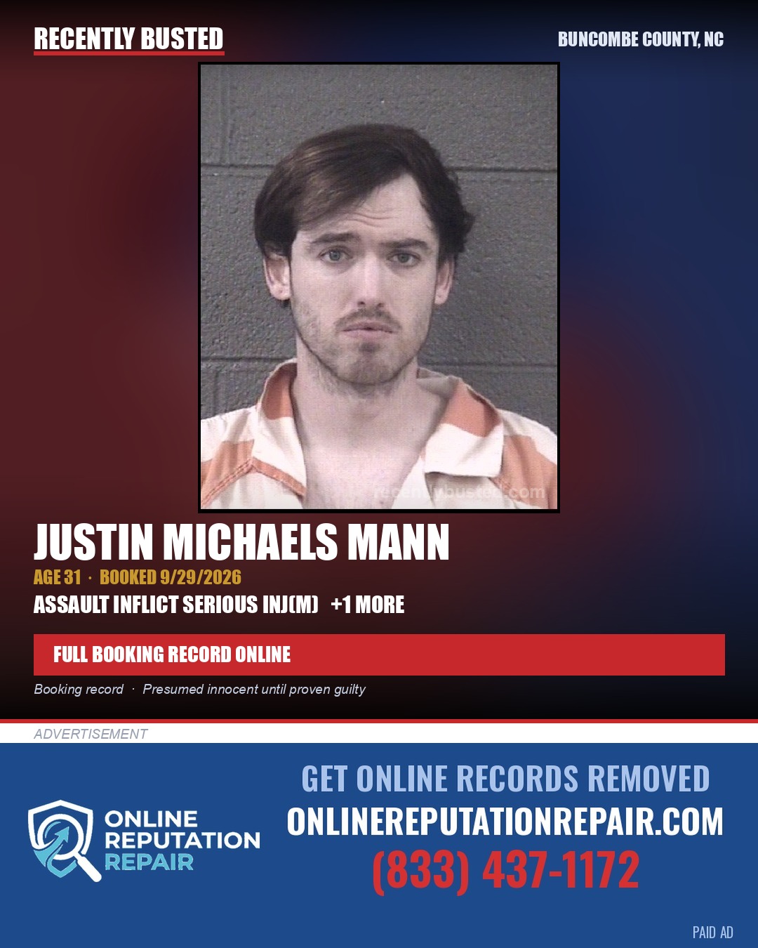 JUSTIN MICHAELS MANN — arrest record card, Buncombe County, North Carolina