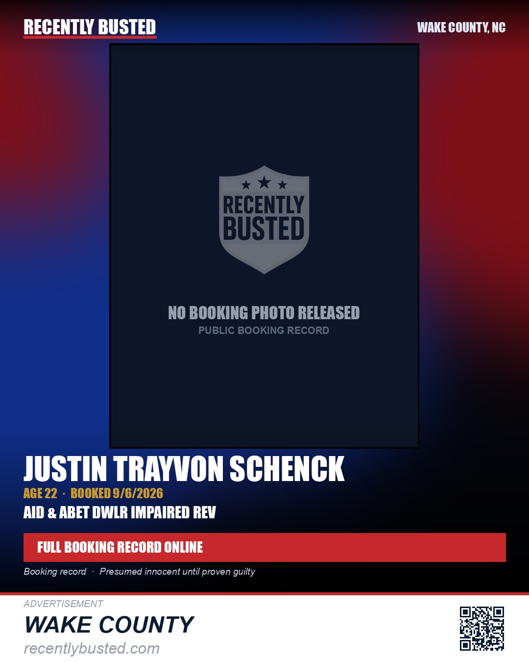 JUSTIN TRAYVON SCHENCK — arrest record card, Wake County, North Carolina