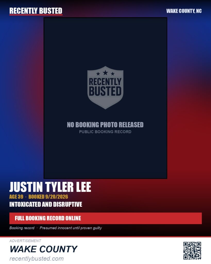 JUSTIN TYLER LEE — arrest record card, Wake County, North Carolina