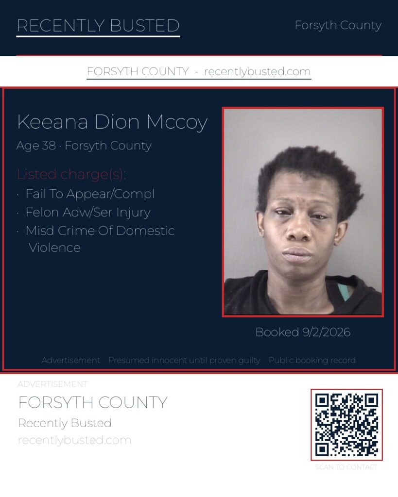 KEEANA DION MCCOY — arrest record card, Forsyth County, North Carolina