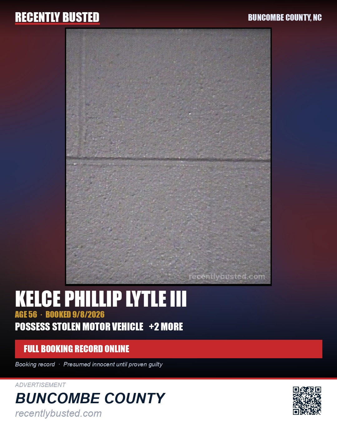 KELCE PHILLIP LYTLE III — arrest record card, Buncombe County, North Carolina