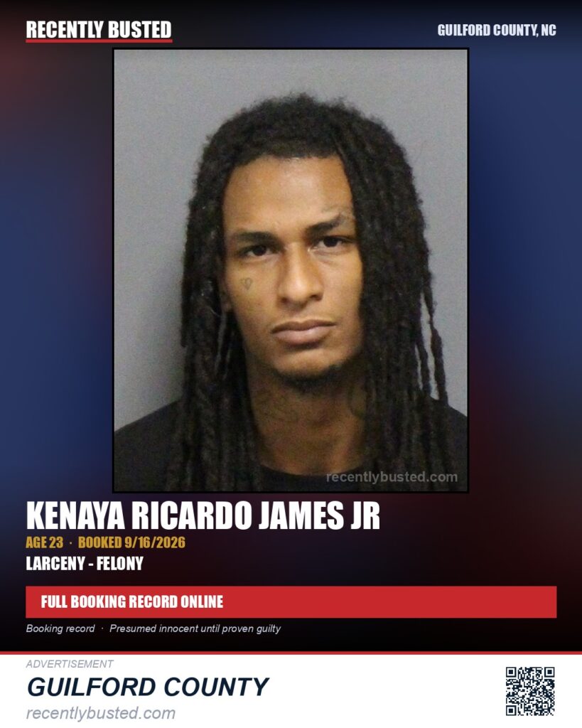 KENAYA RICARDO JAMES JR — arrest record card, Guilford County, North Carolina