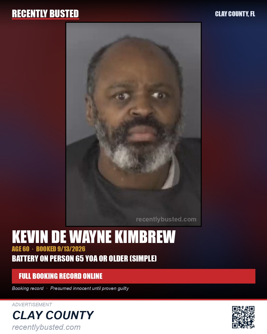KEVIN DE WAYNE KIMBREW — arrest record card, Clay County, Florida