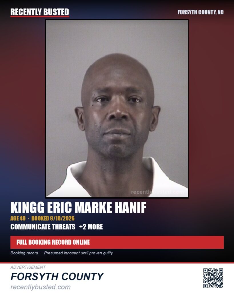 KINGG ERIC MARKE HANIF — arrest record card, Forsyth County, North Carolina