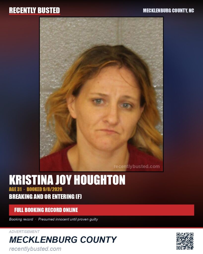 KRISTINA JOY HOUGHTON — arrest record card, Mecklenburg County, North Carolina