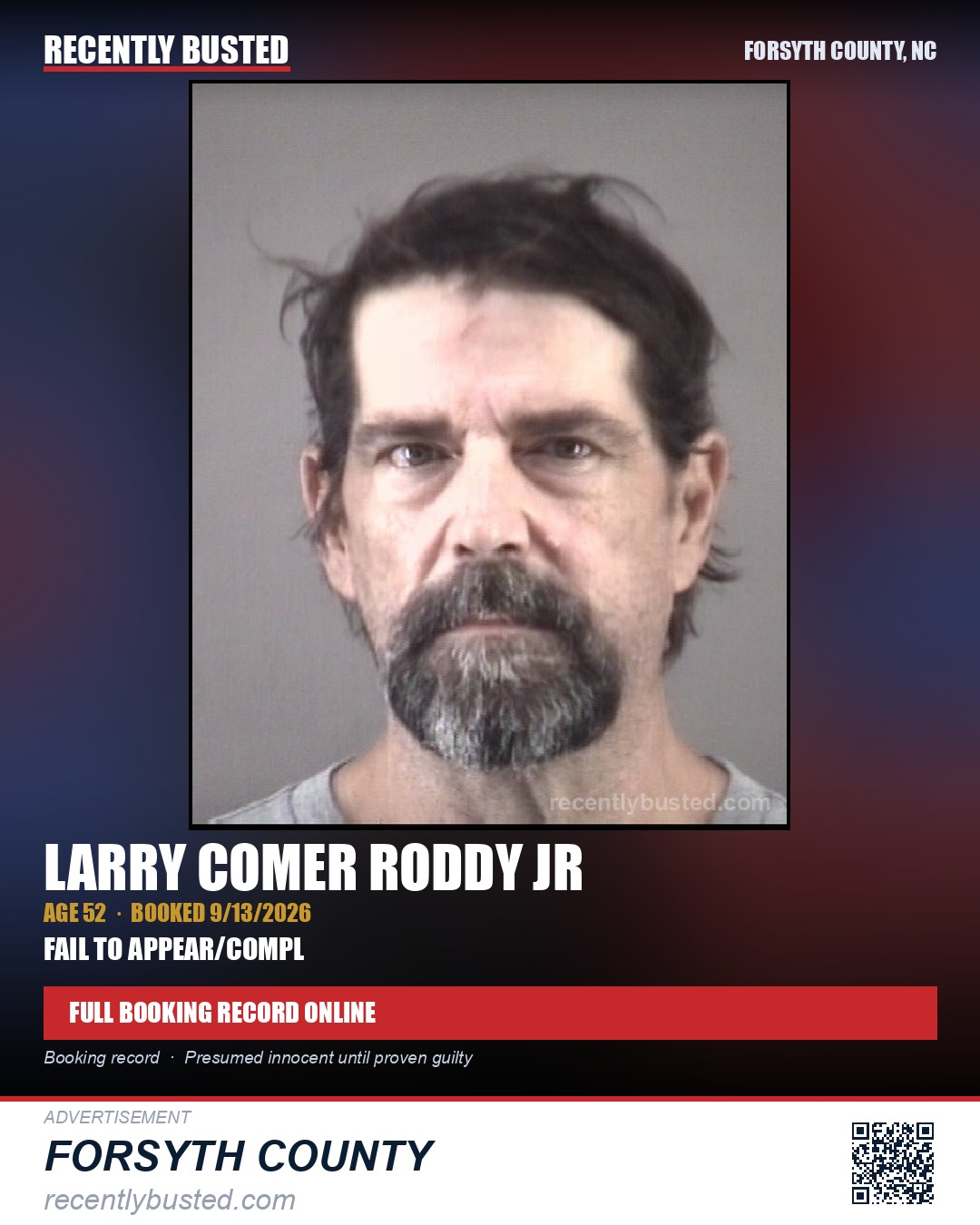 LARRY COMER RODDY JR — arrest record card, Forsyth County, North Carolina