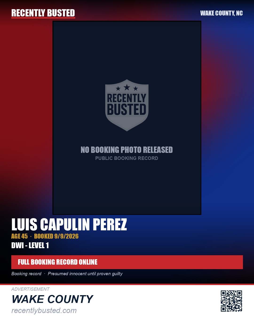 LUIS CAPULIN PEREZ — arrest record card, Wake County, North Carolina