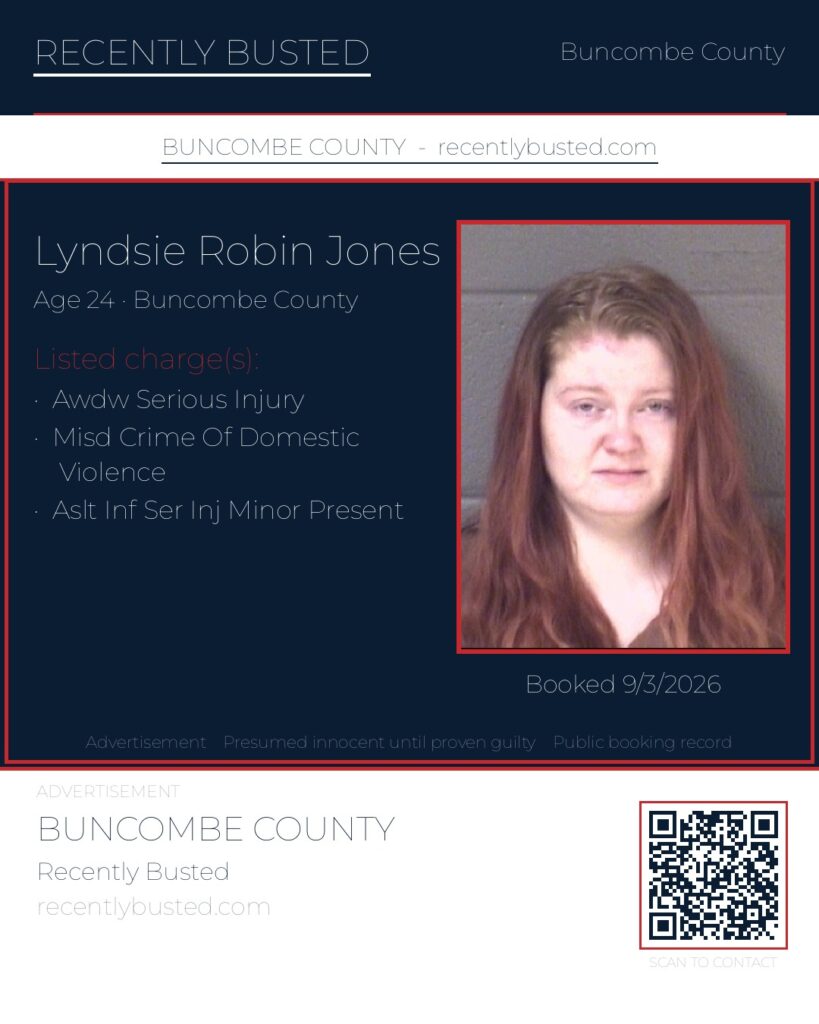 LYNDSIE ROBIN JONES — arrest record card, Buncombe County, North Carolina