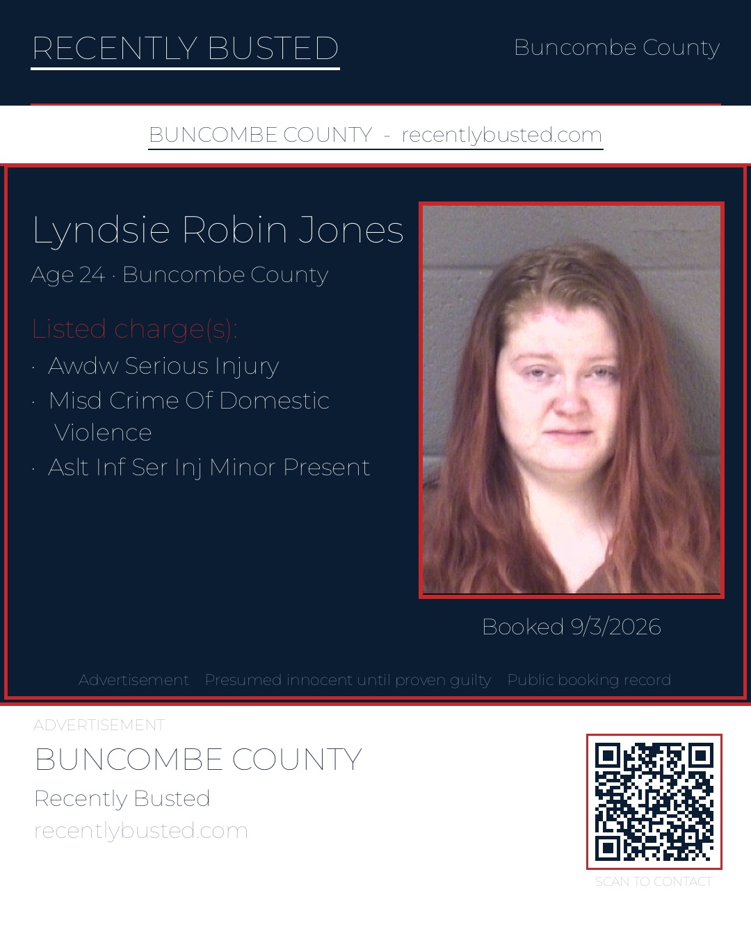 LYNDSIE ROBIN JONES — arrest record card, Buncombe County, North Carolina