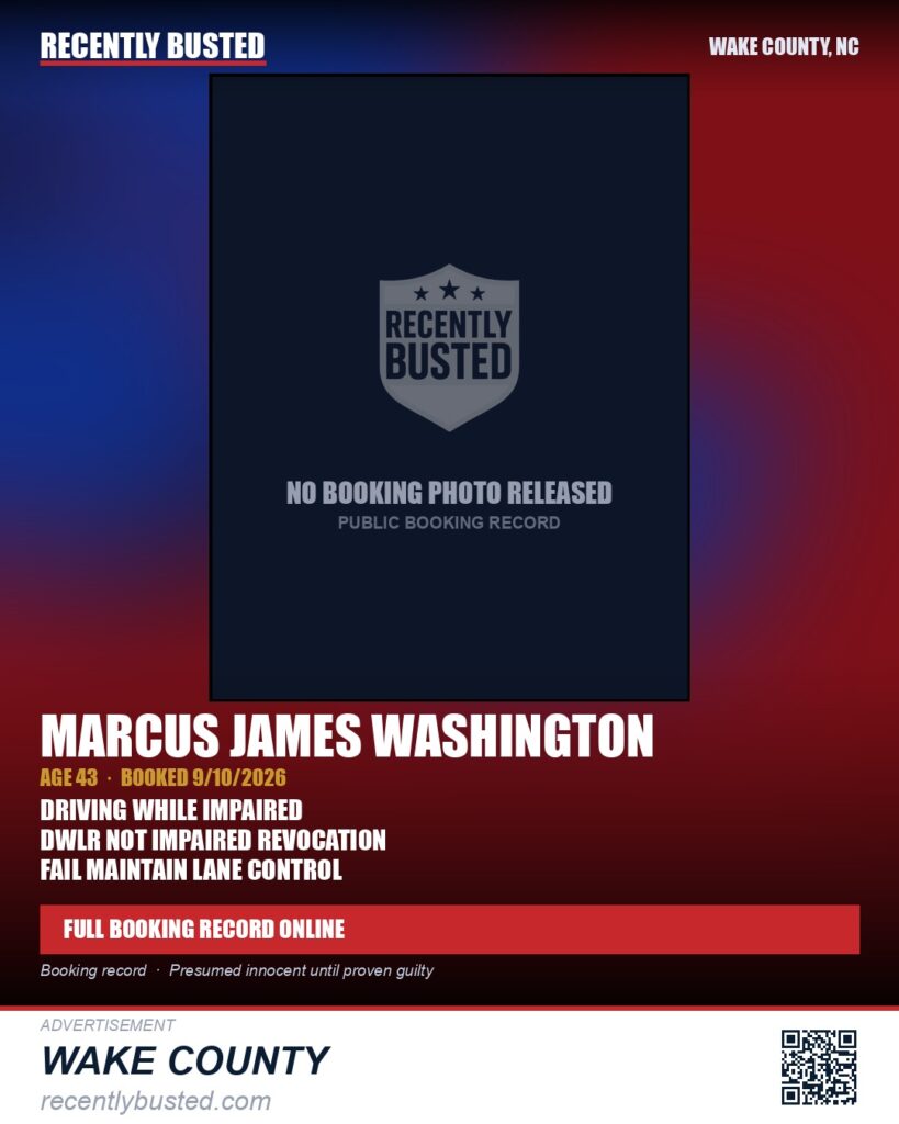 MARCUS JAMES WASHINGTON — arrest record card, Wake County, North Carolina
