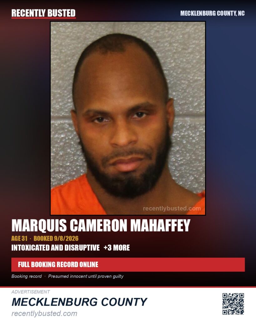 MARQUIS CAMERON MAHAFFEY — arrest record card, Mecklenburg County, North Carolina