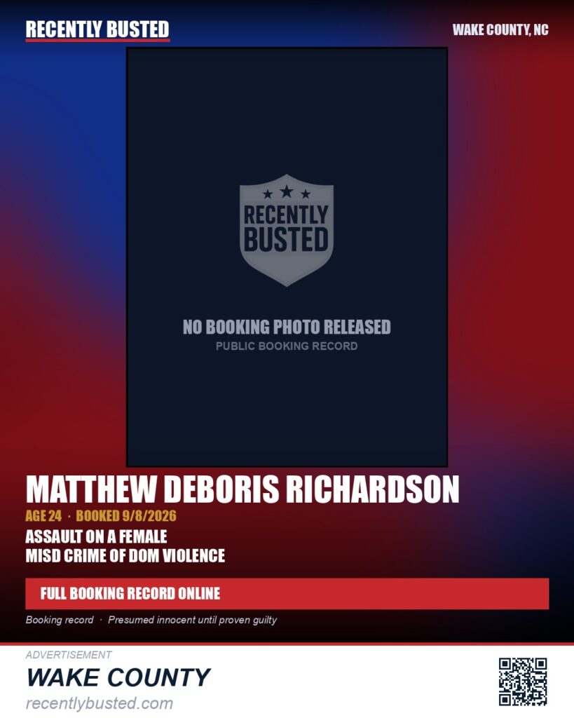 MATTHEW DEBORIS RICHARDSON — arrest record card, Wake County, North Carolina