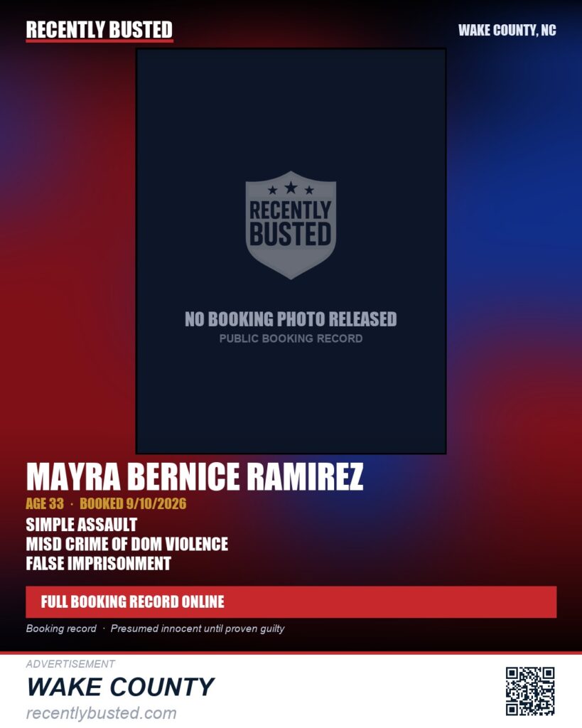 MAYRA BERNICE RAMIREZ — arrest record card, Wake County, North Carolina