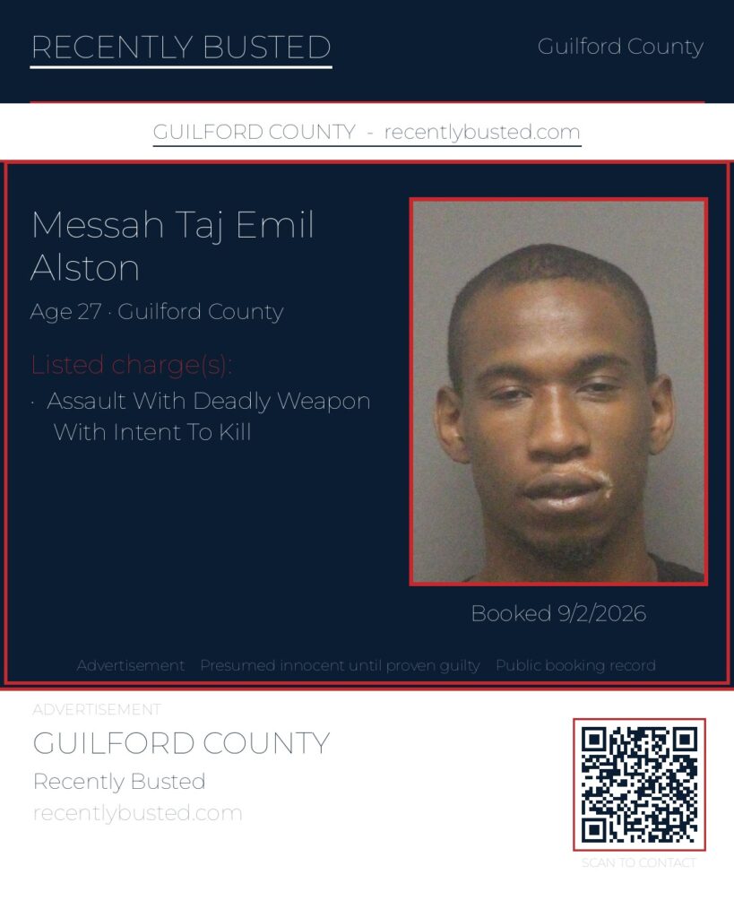 MESSAH TAJ EMIL ALSTON — arrest record card, Guilford County, North Carolina