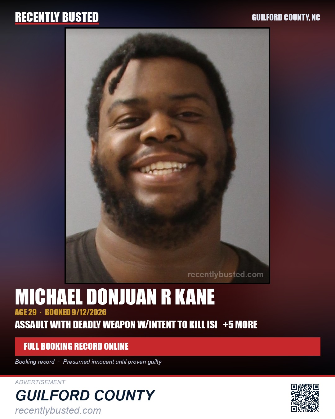 MICHAEL DONJUAN R KANE — arrest record card, Guilford County, North Carolina