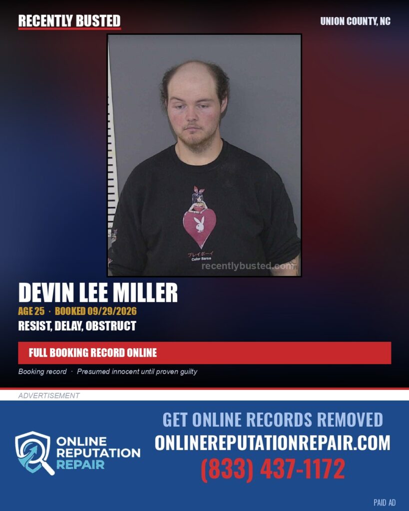 MILLER, DEVIN LEE — arrest record card, Union County, North Carolina