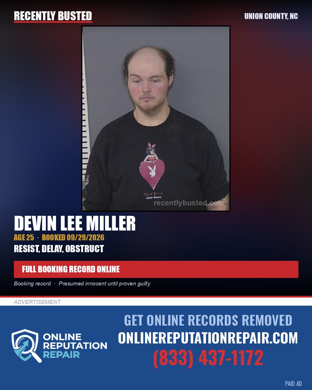 MILLER, DEVIN LEE — arrest record card, Union County, North Carolina
