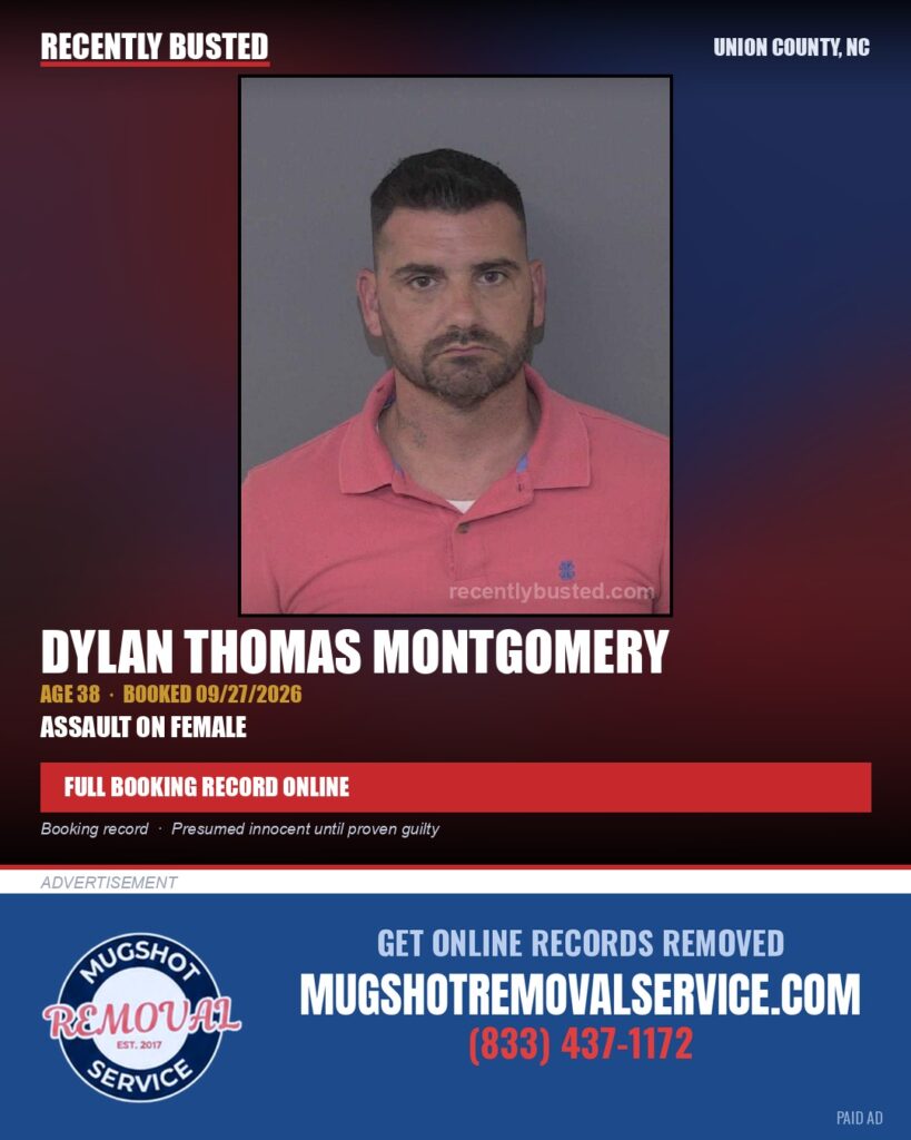 MONTGOMERY, DYLAN THOMAS — arrest record card, Union County, North Carolina