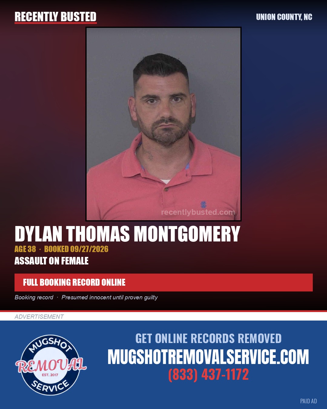 MONTGOMERY, DYLAN THOMAS — arrest record card, Union County, North Carolina