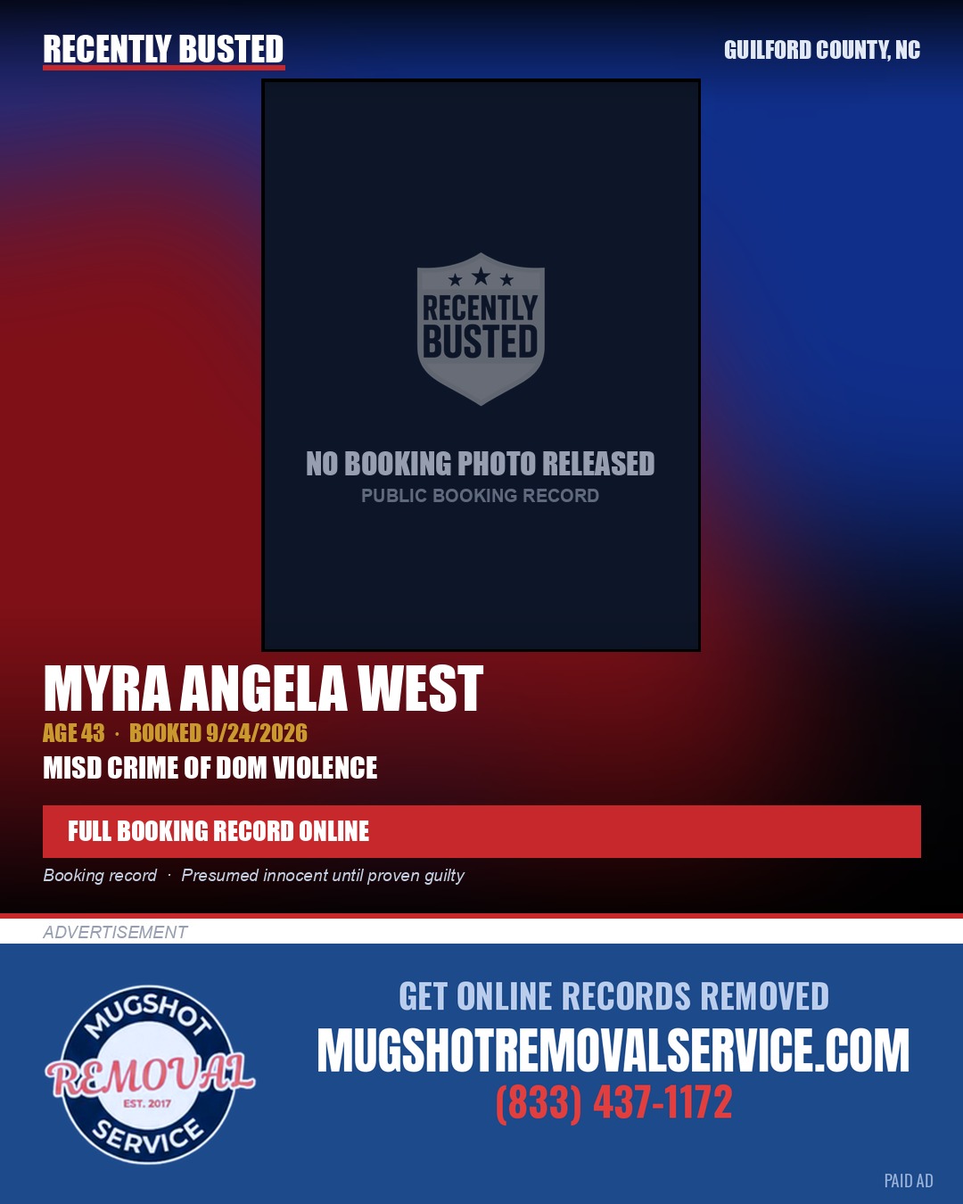 MYRA ANGELA WEST — arrest record card, Guilford County, North Carolina