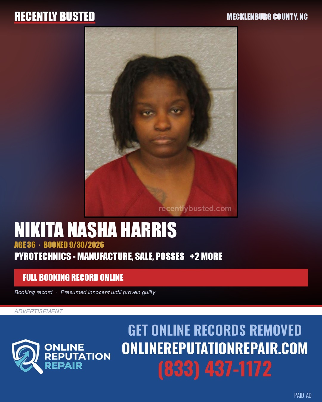 NIKITA NASHA HARRIS — arrest record card, Mecklenburg County, North Carolina