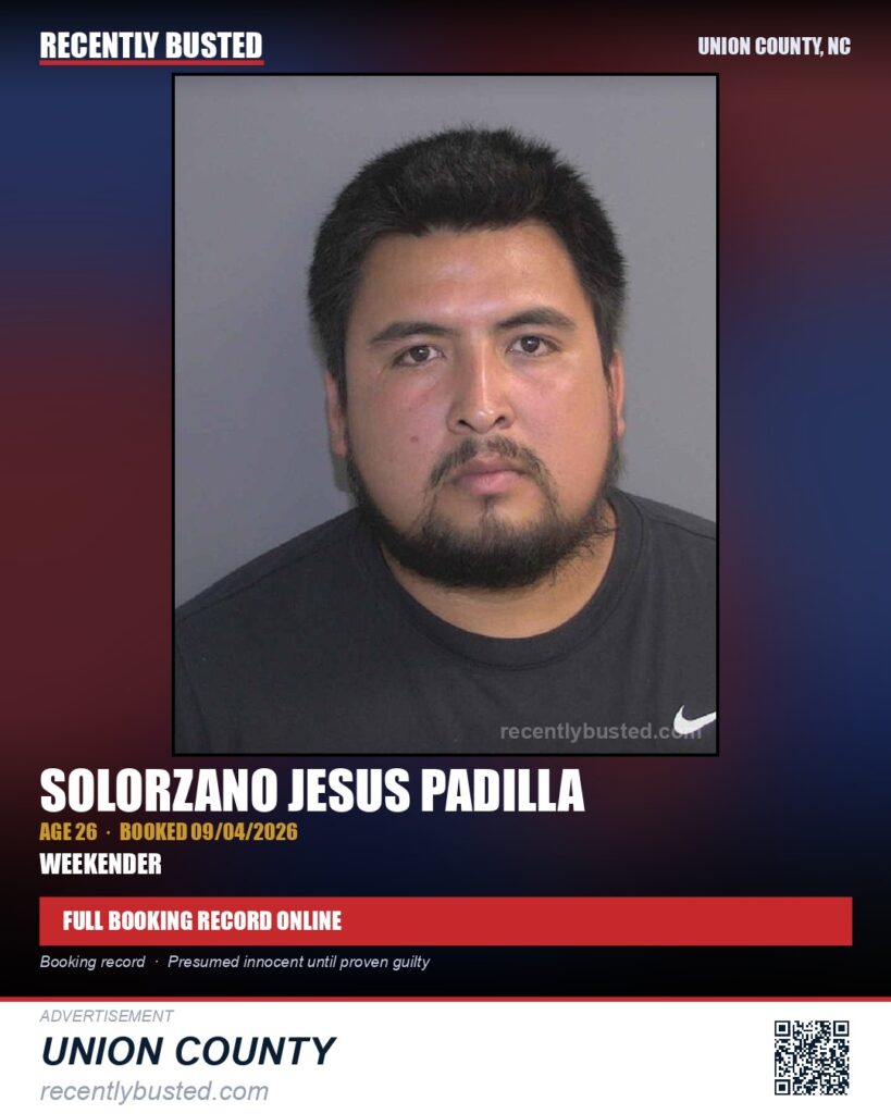 PADILLA, SOLORZANO JESUS — arrest record card, Union County, North Carolina