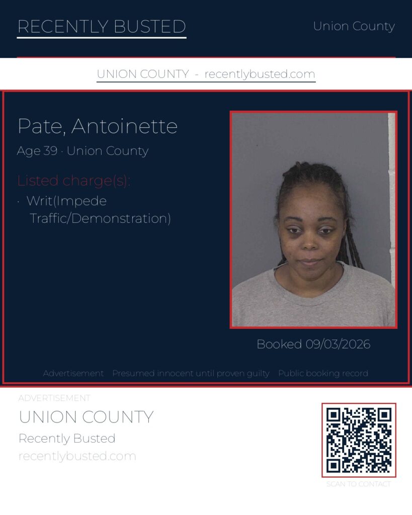 PATE, ANTOINETTE — arrest record card, Union County, North Carolina