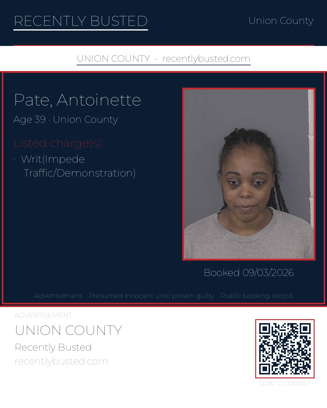 PATE, ANTOINETTE — arrest record card, Union County, North Carolina
