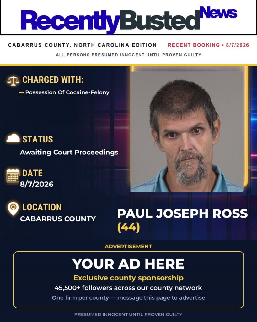PAUL JOSEPH ROSS — arrest record card, Cabarrus County