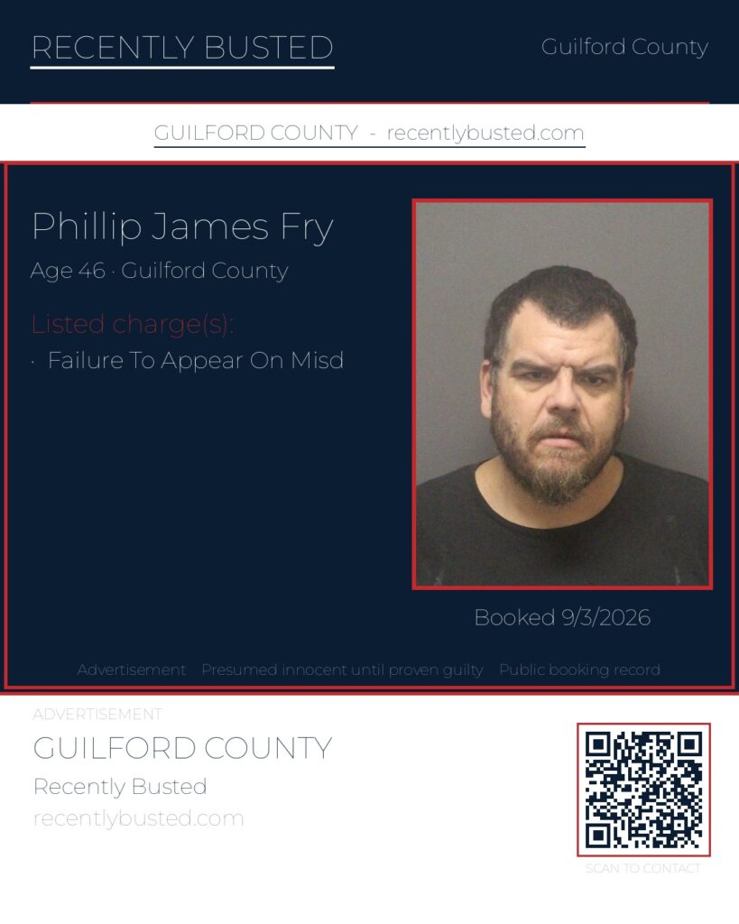 PHILLIP JAMES FRY — arrest record card, Guilford County, North Carolina