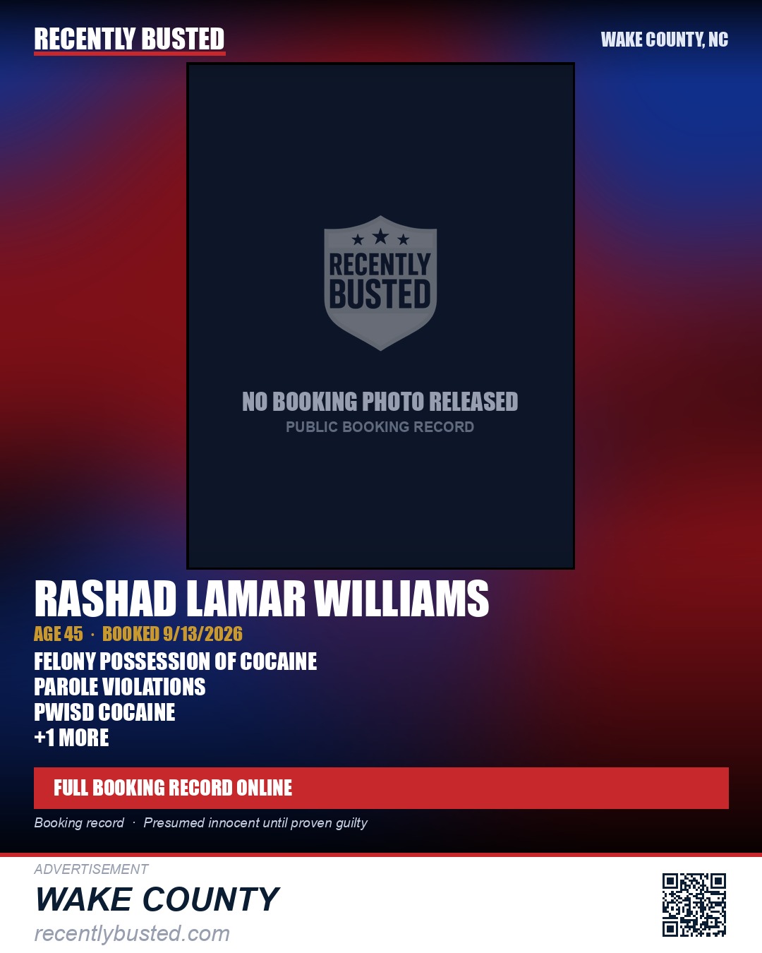 RASHAD LAMAR WILLIAMS — arrest record card, Wake County, North Carolina