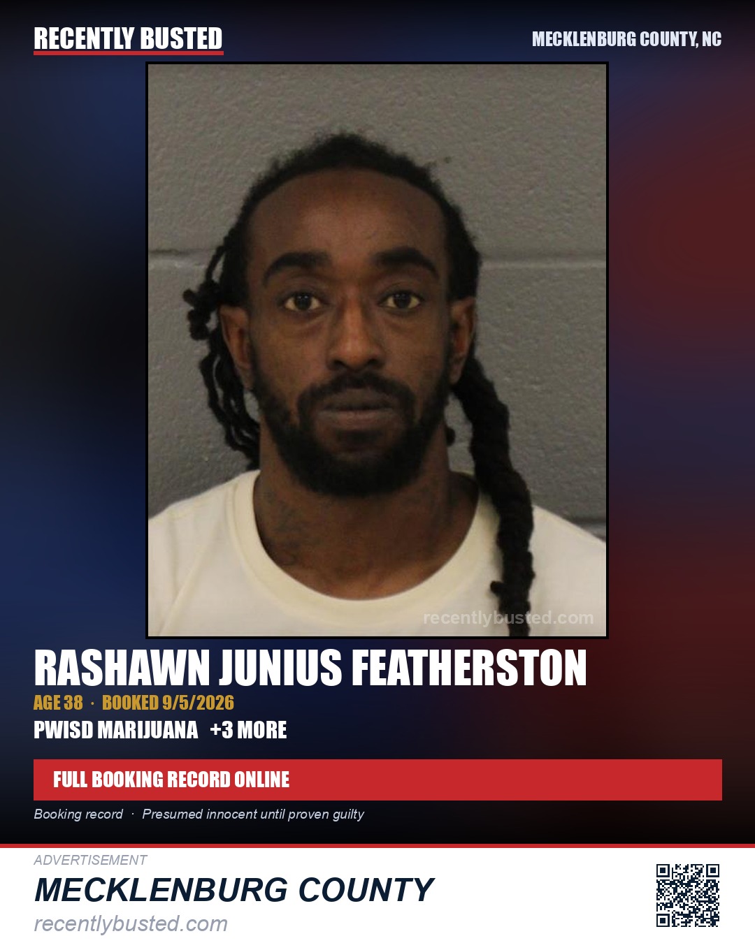 RASHAWN JUNIUS FEATHERSTON — arrest record card, Mecklenburg County, North Carolina