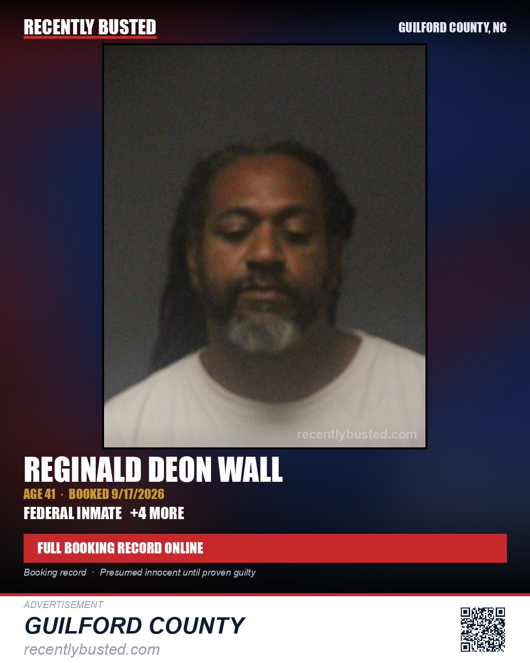 REGINALD DEON WALL — arrest record card, Guilford County, North Carolina