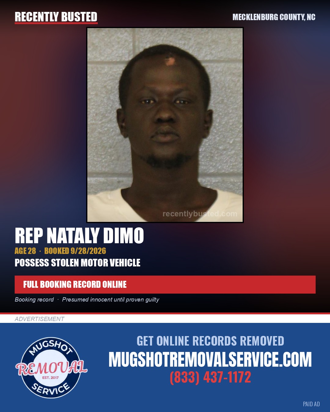 REP NATALY DIMO — arrest record card, Mecklenburg County, North Carolina