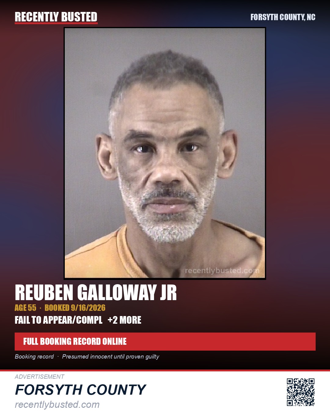 REUBEN GALLOWAY JR — arrest record card, Forsyth County, North Carolina